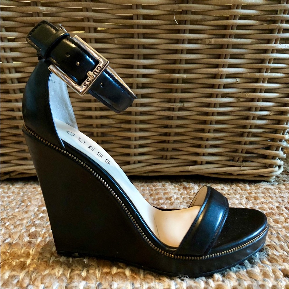 Guess Black Ankle Strap Wedges Size 6